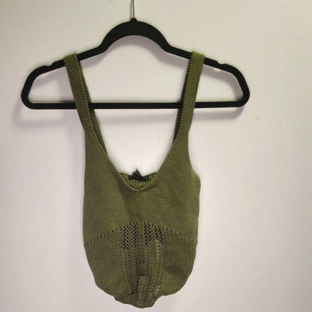 Forever 21 Green V-Neck Knit Shirt with Criss-Cross Design - Cropped, Size S